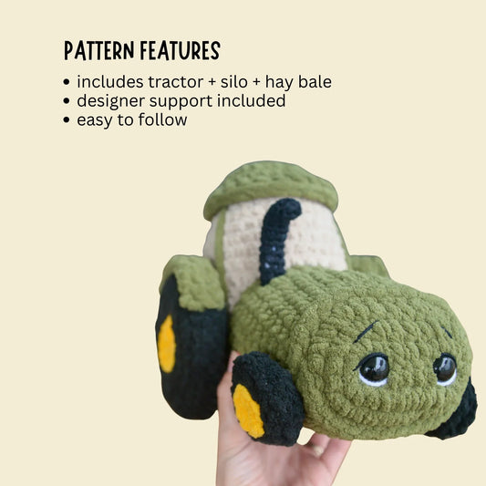 Adorable crocheted tractor amigurumi with silo and hay bale, beginner-friendly pattern