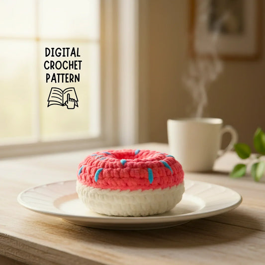 Crochet donut plushie with pink frosting amigurumi on plate, digital crochet pattern