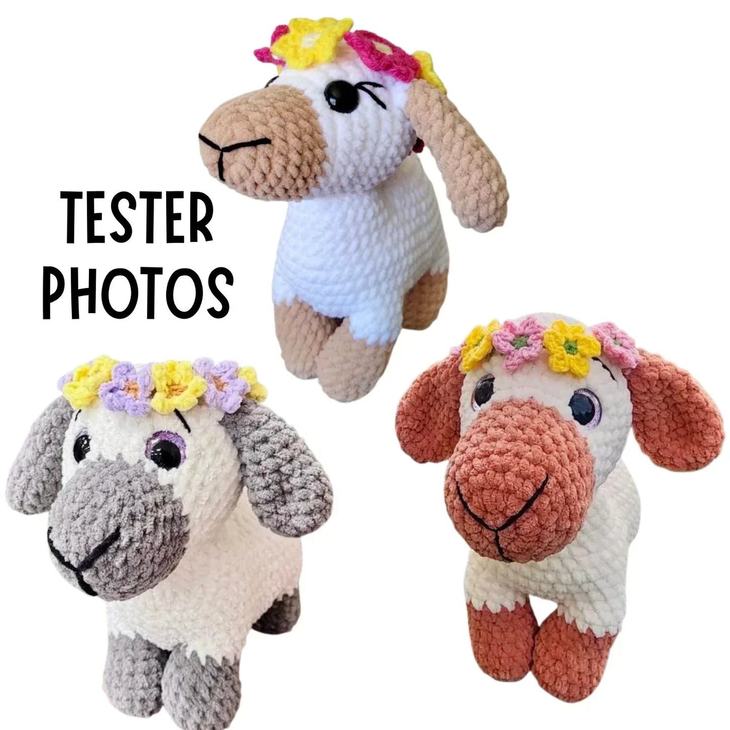 Crochet stuffed sheep plushies with flower crowns, beginner amigurumi pattern samples.