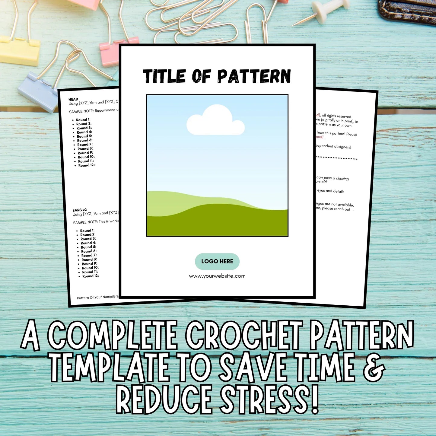 Printable crochet pattern template with editable sections, displayed on a blue wooden desk with stationery.