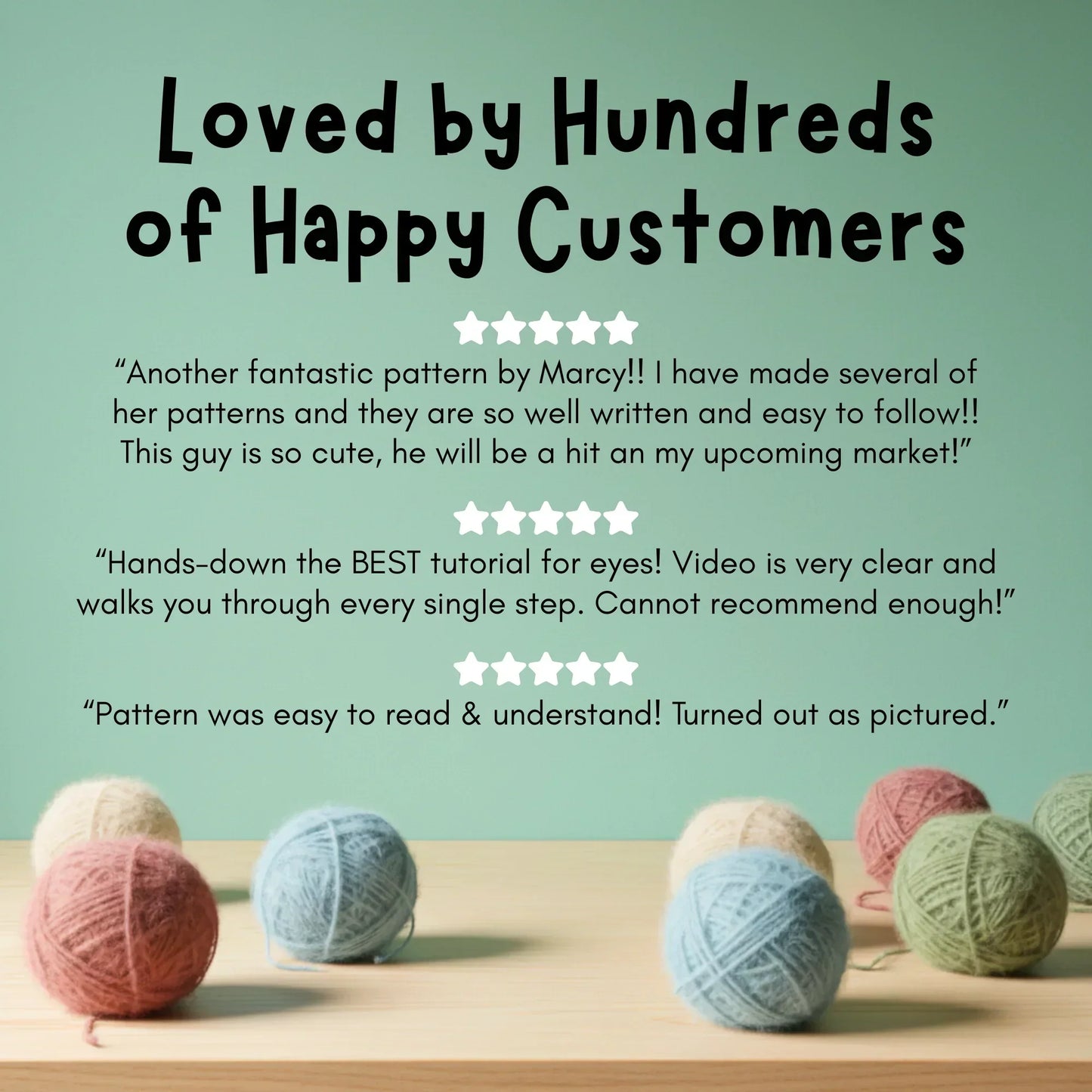 Customer reviews for crochet patterns with five-star ratings, pastel yarn balls on table.