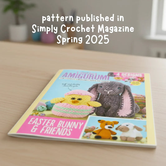 Simply Crochet Magazine with amigurumi Easter bunny and chick stuffed animal patterns on a table
