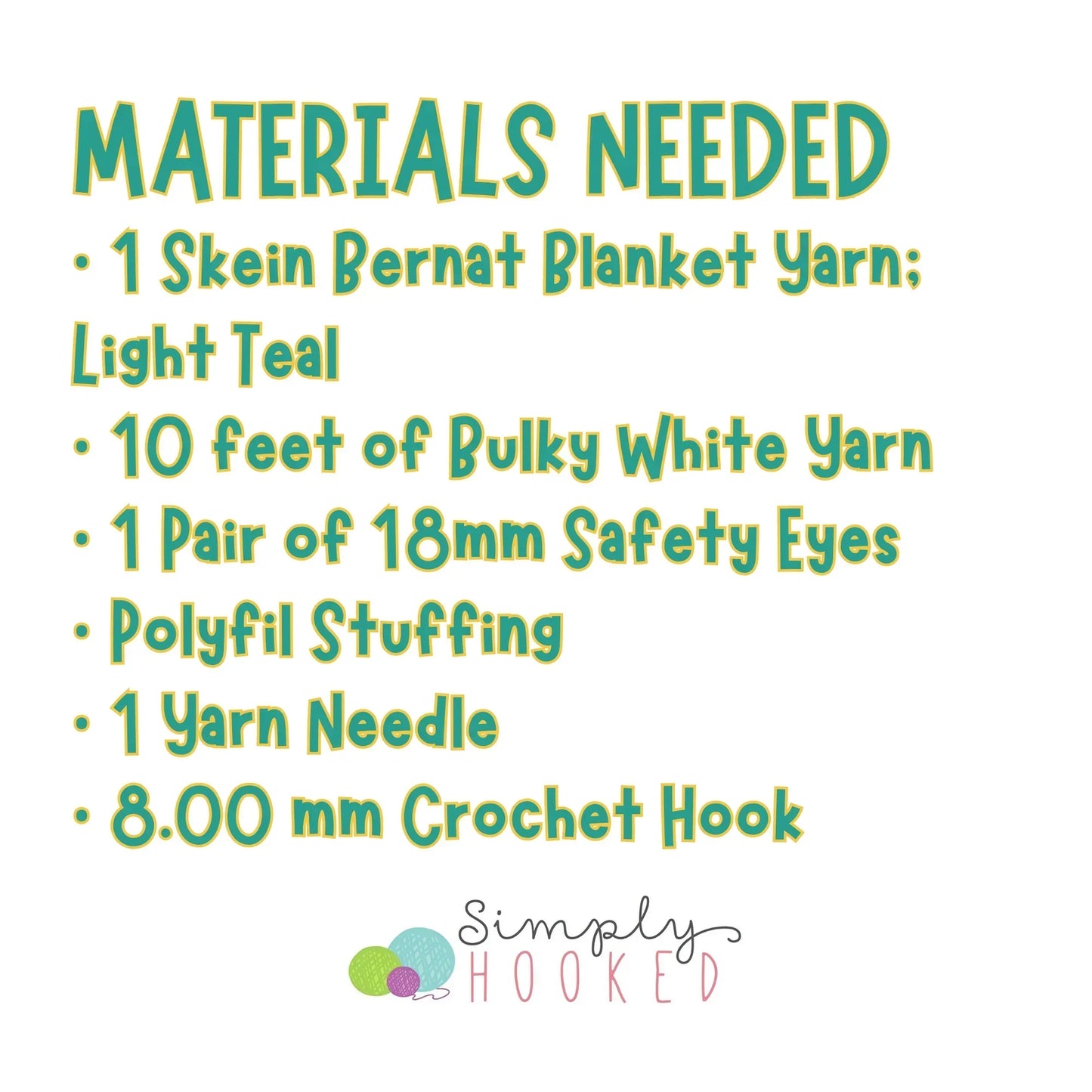 Materials list for alligator crochet pattern, including yarn, safety eyes, stuffing, and crochet hook.