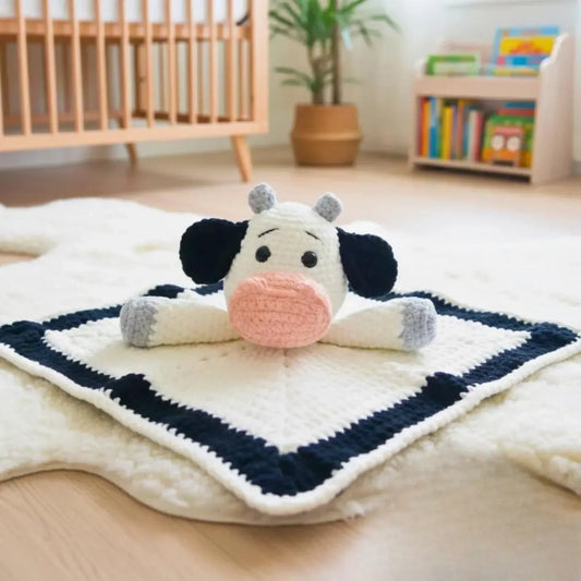 Crochet cow blanket pattern with plush head and arms, displayed on a nursery floor