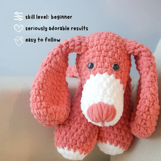 Beginner-friendly crochet dog plushie pattern, pink and white amigurumi stuffed animal