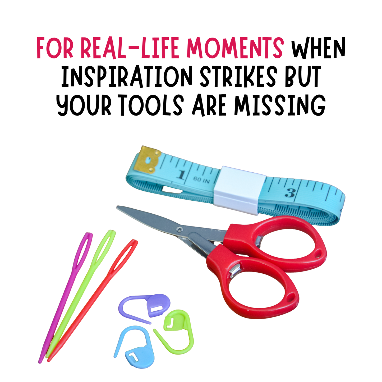 Scissors, measuring tape, and sewing needles with text on a white background