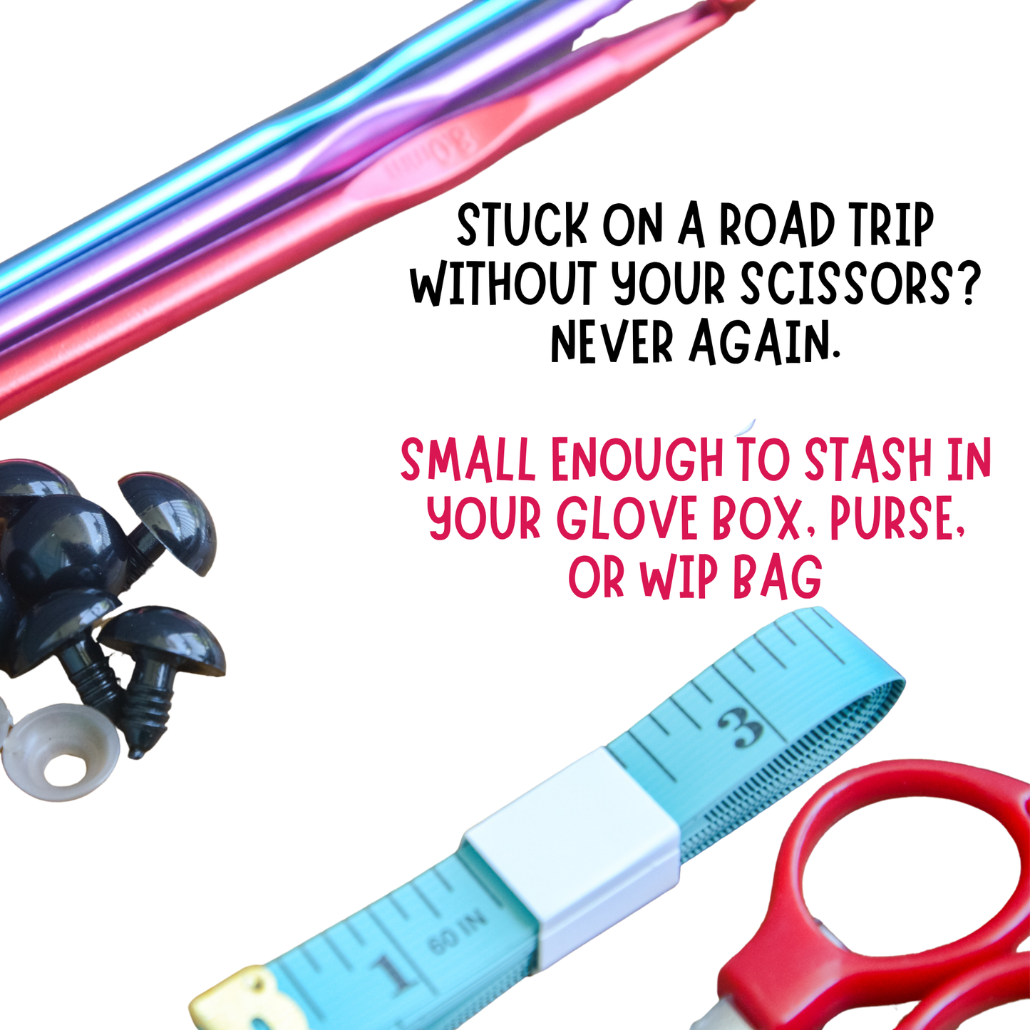 Small scissors with measuring tape and hardware on a white background with promotional text.