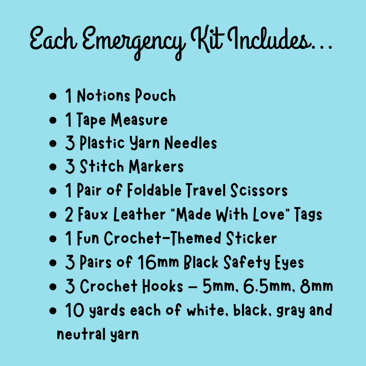 List of items included in an emergency kit on a blue background