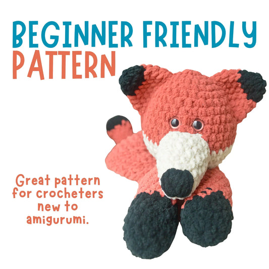 Beginner-friendly crochet fox amigurumi pattern for new crocheters, plush stuffed animal toy.