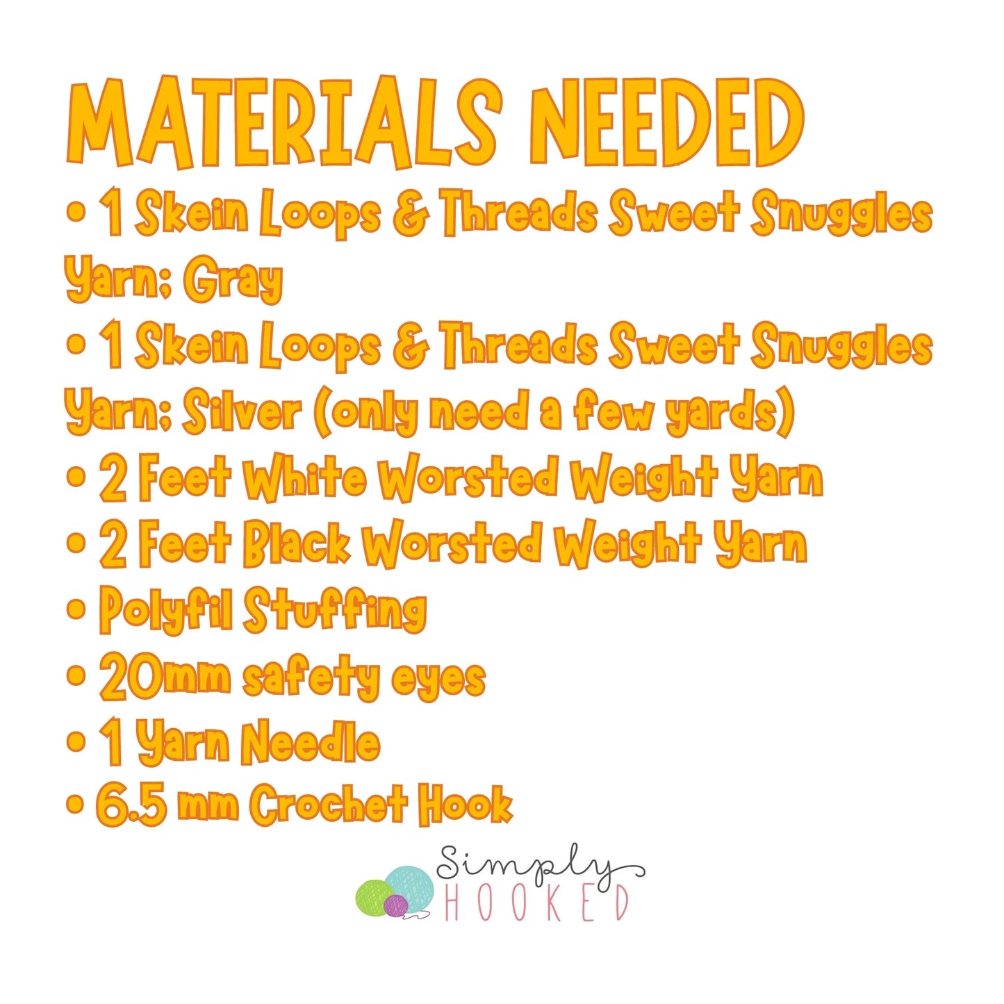 List of crochet hippo toy materials including yarn, stuffing, safety eyes, needle, and hook.