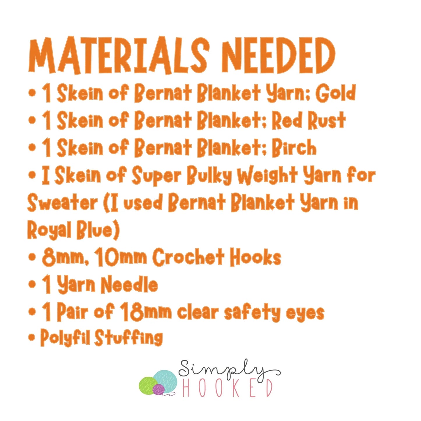 List of crochet lion snuggler materials with yarn, hooks, safety eyes, and polyfill stuffing.