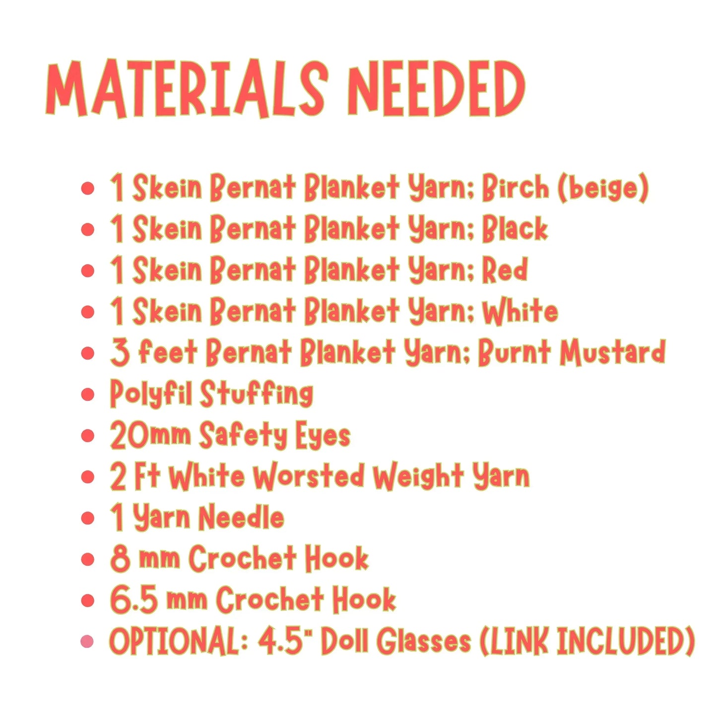 Crochet Santa Claus materials list with yarn, safety eyes, Polyfil, hooks, and doll glasses.