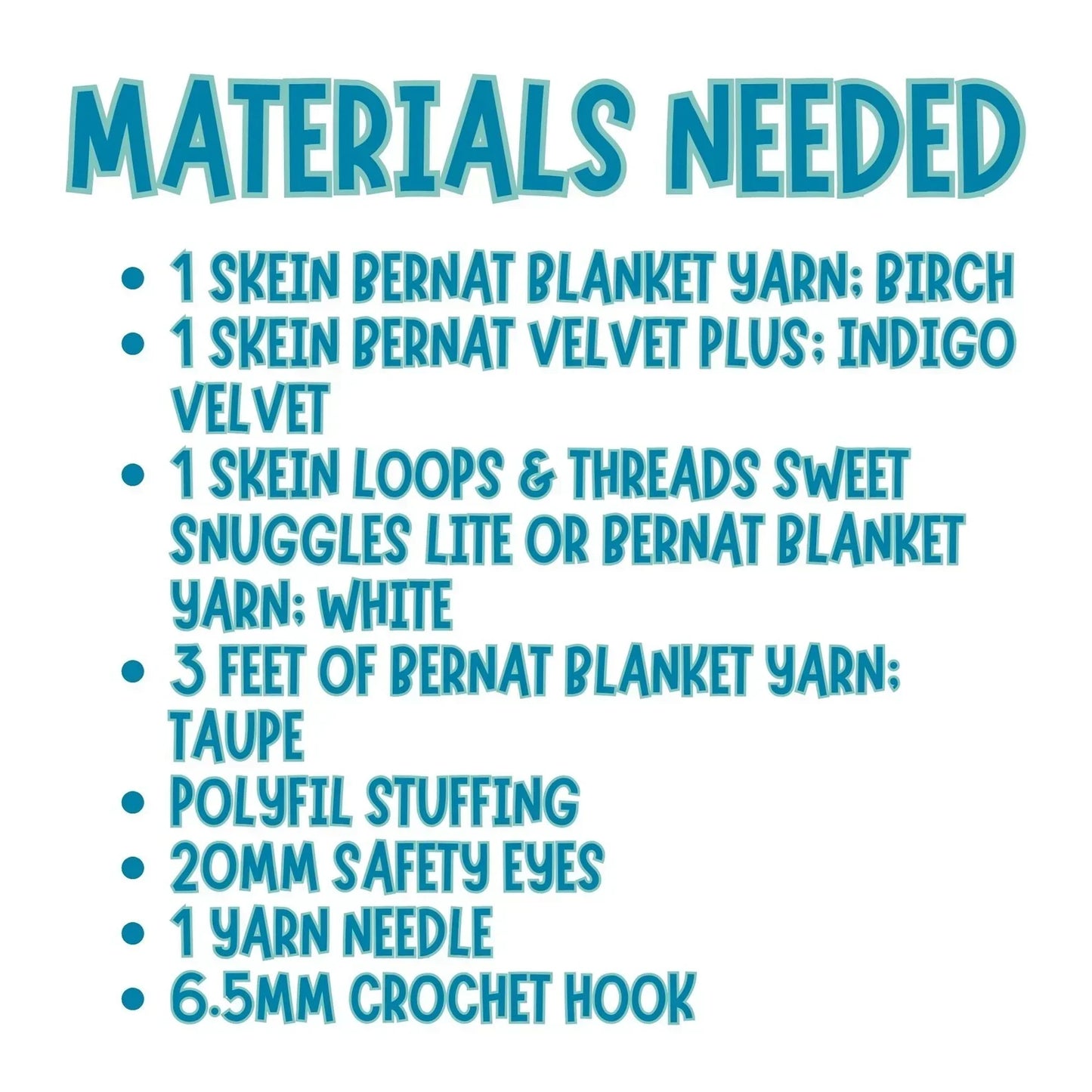 Crochet teddy bear and blanket materials list including yarn, polyfil, safety eyes, needle, and hook.