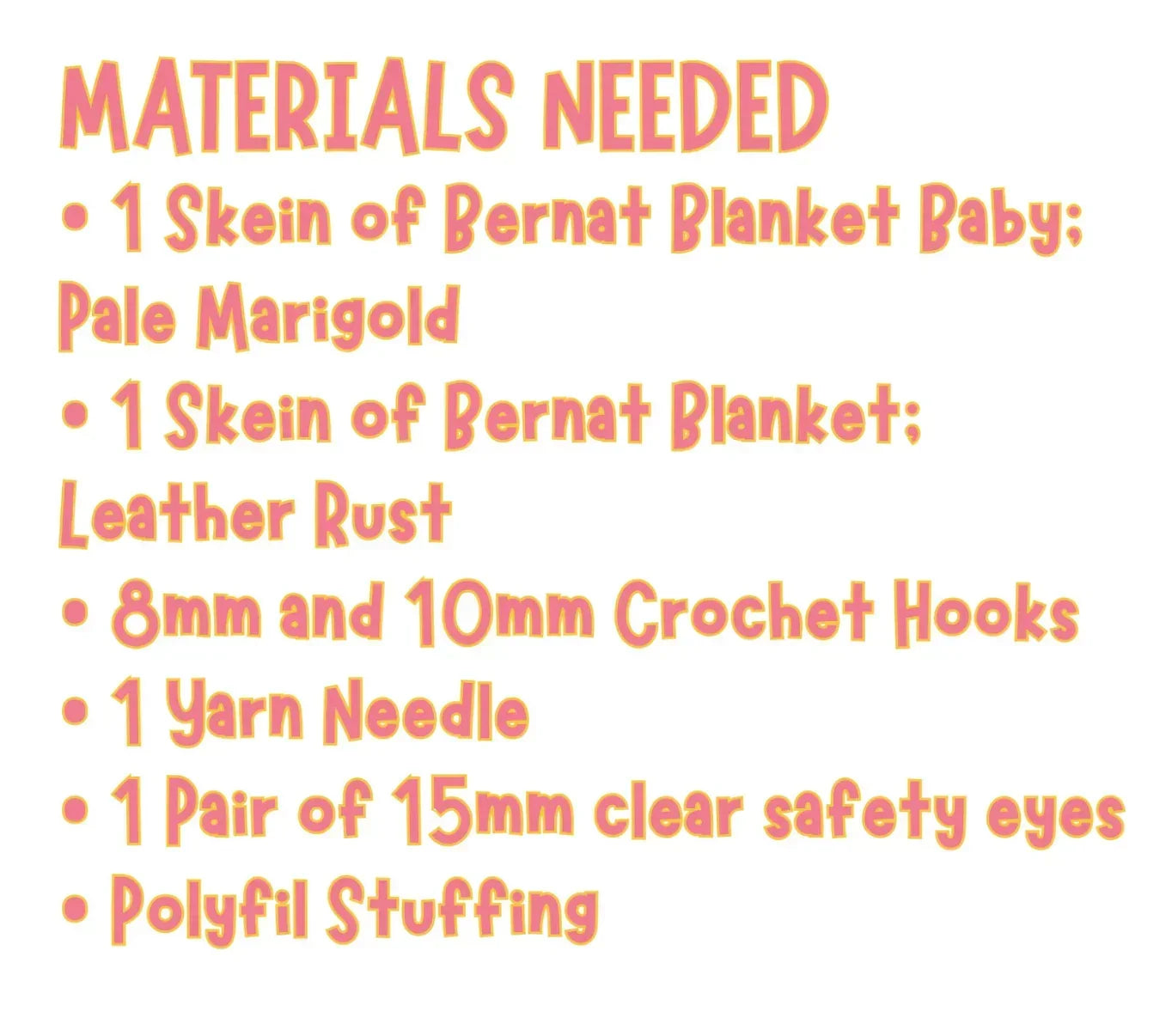 List of materials for making a crochet duck plushie, including yarn, hooks, needle, eyes, stuffing.