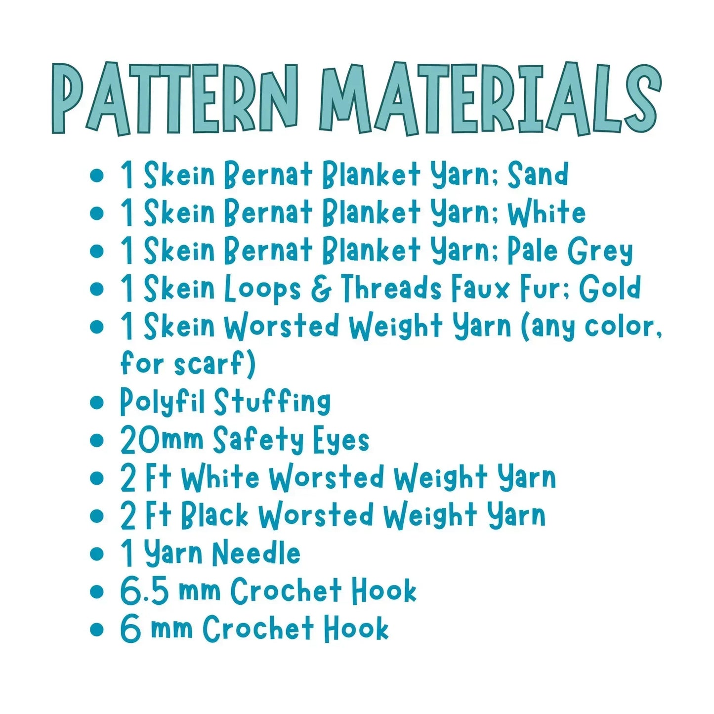 Highland cow crochet materials list with yarn types, stuffing, safety eyes, crochet hooks and needle