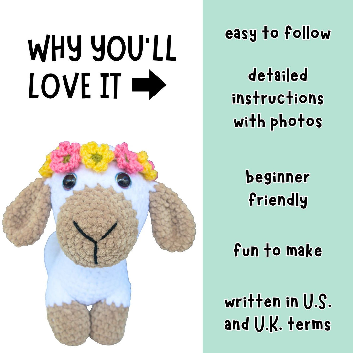 Lamb Crochet Pattern PDF | Beginner Amigurumi Plush with Flower Crown