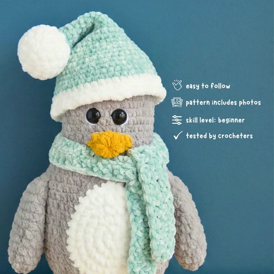 Beginner-friendly crochet penguin plushie with mint scarf and hat, easy amigurumi pattern