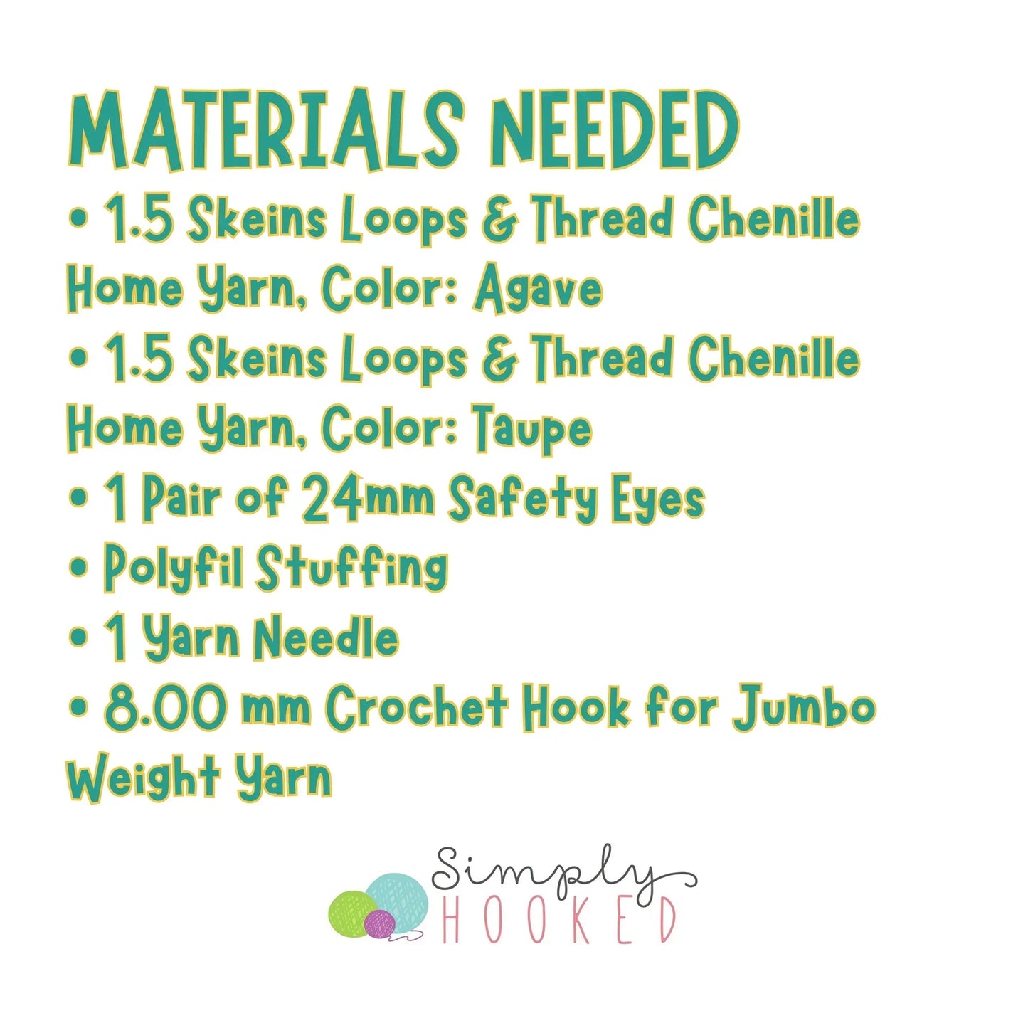 Sea turtle crochet pattern materials list with yarn, safety eyes, Polyfil, needle, and hook sizes.