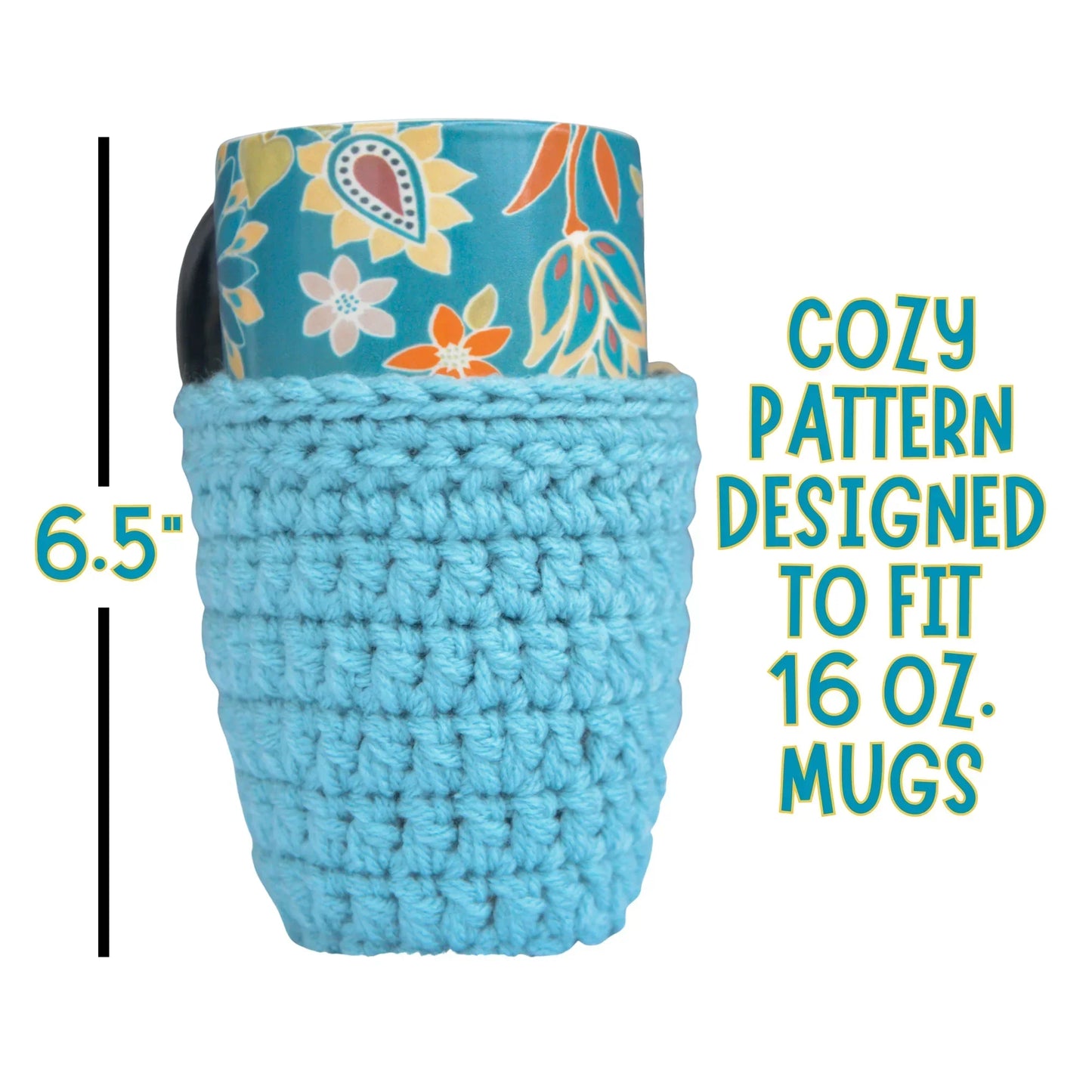 Blue crochet mug cozy on a floral 16 oz travel mug with text noting 6.5 inch height.