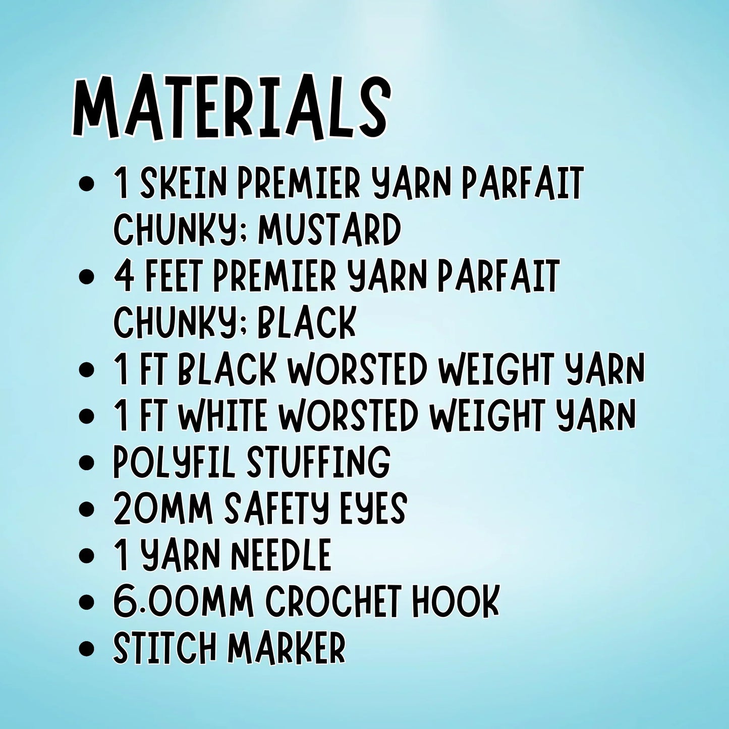 Amigurumi dog plushie materials list with yarn, stuffing, safety eyes, needle, crochet hook