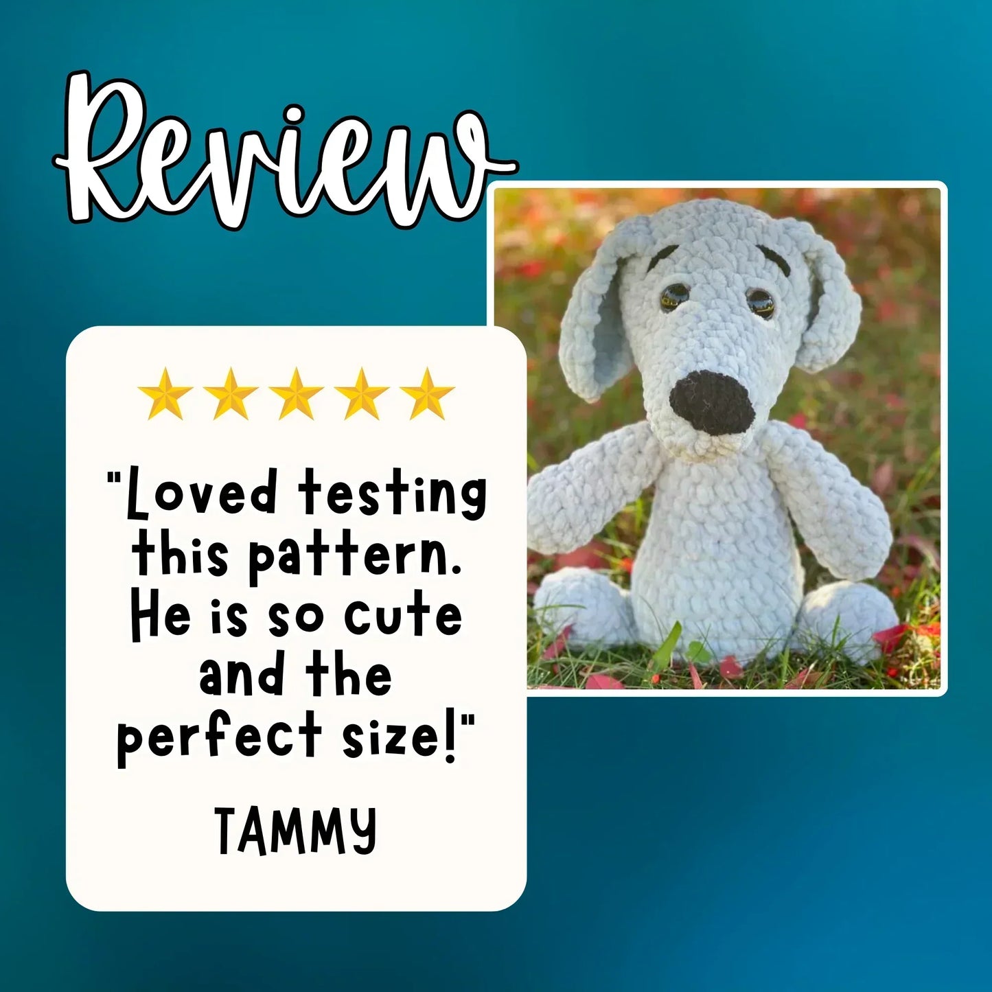 Amigurumi dog plushie crochet pattern review with five-star rating and customer feedback.