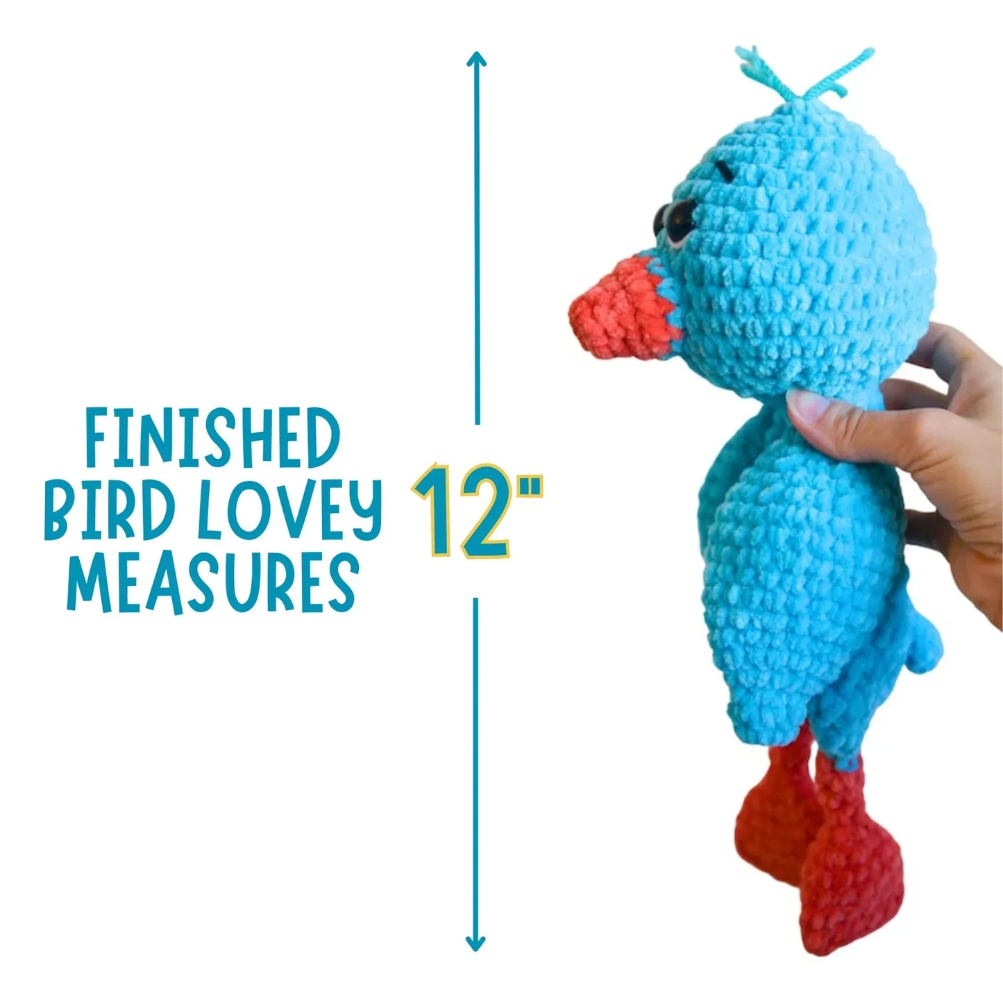 Hand holding a 12-inch blue crochet bird plushie with red beak and feet, amigurumi kit