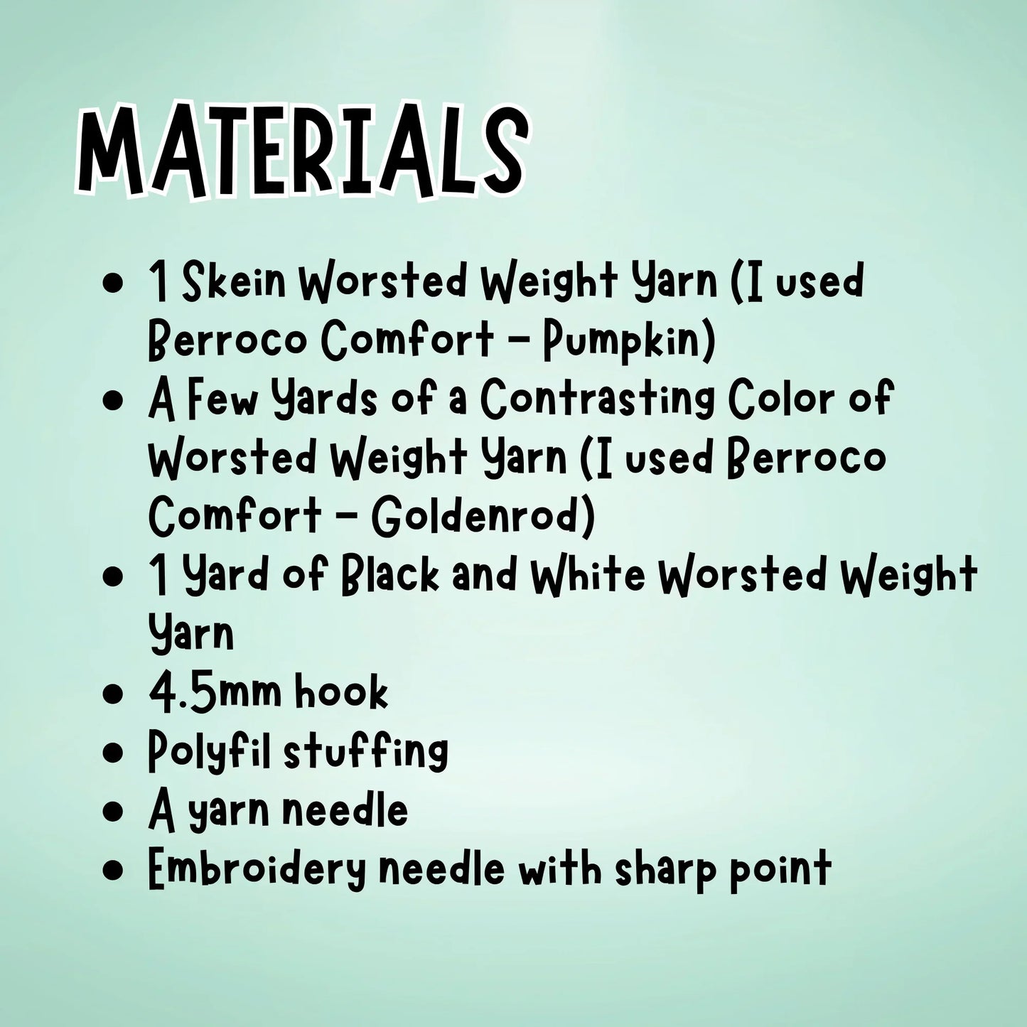 Materials list for crochet birdie lovey pattern, including yarn, hook, stuffing, and needles.
