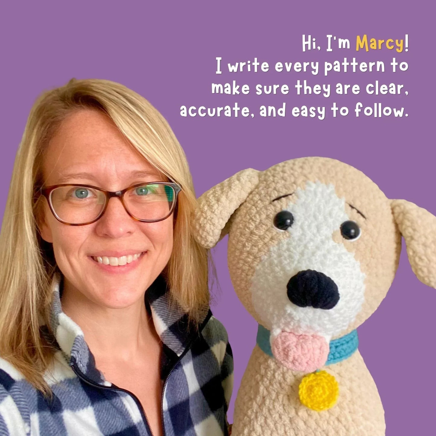 Marcy with her crochet dog amigurumi, showcasing beginner-friendly patterns and easy-to-follow designs.
