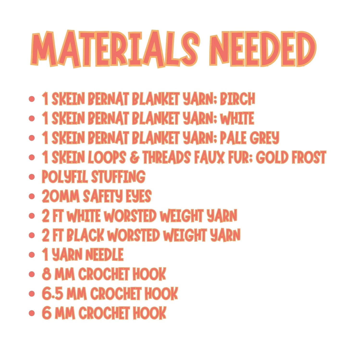 Materials list for crochet Highland Cow snuggler, including yarn, stuffing, hooks, and safety eyes.