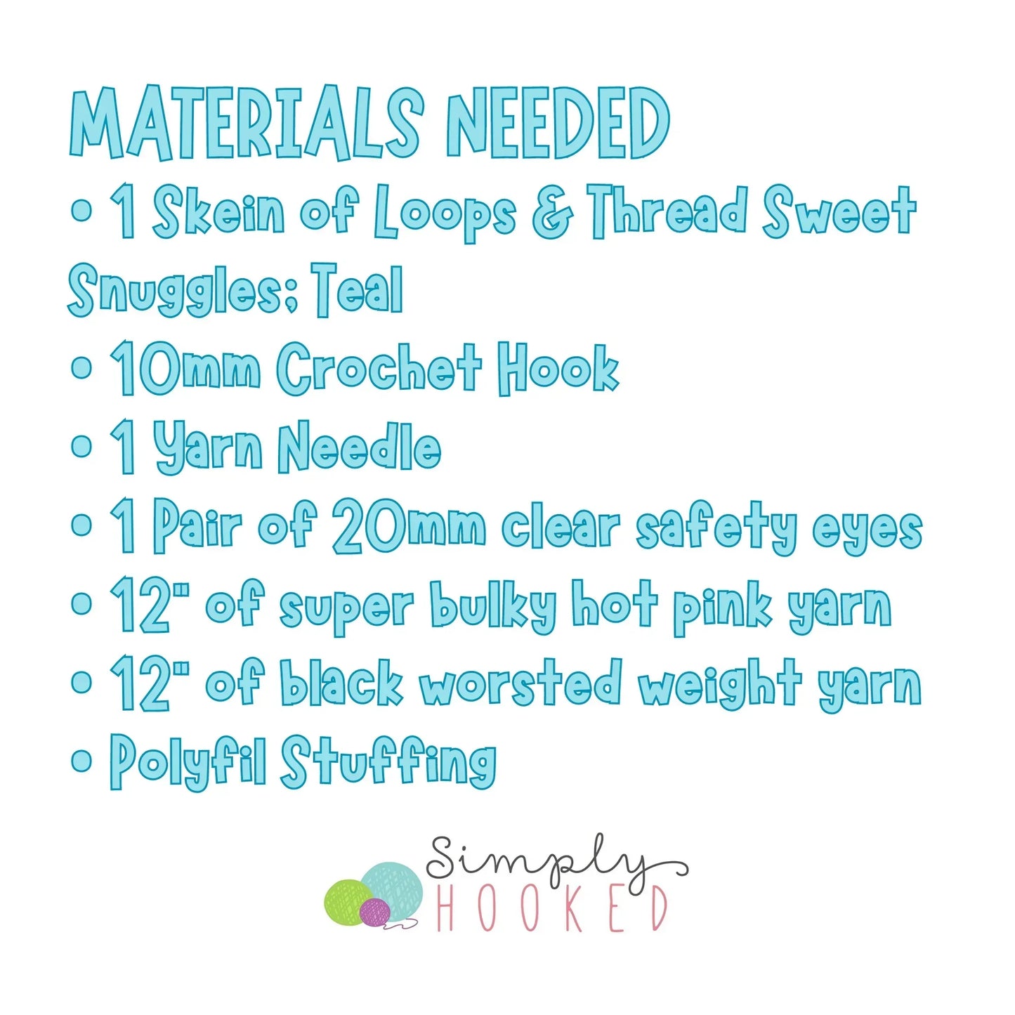 Materials list for crochet jellyfish plushie with yarn, crochet hook, needle, safety eyes, and stuffing