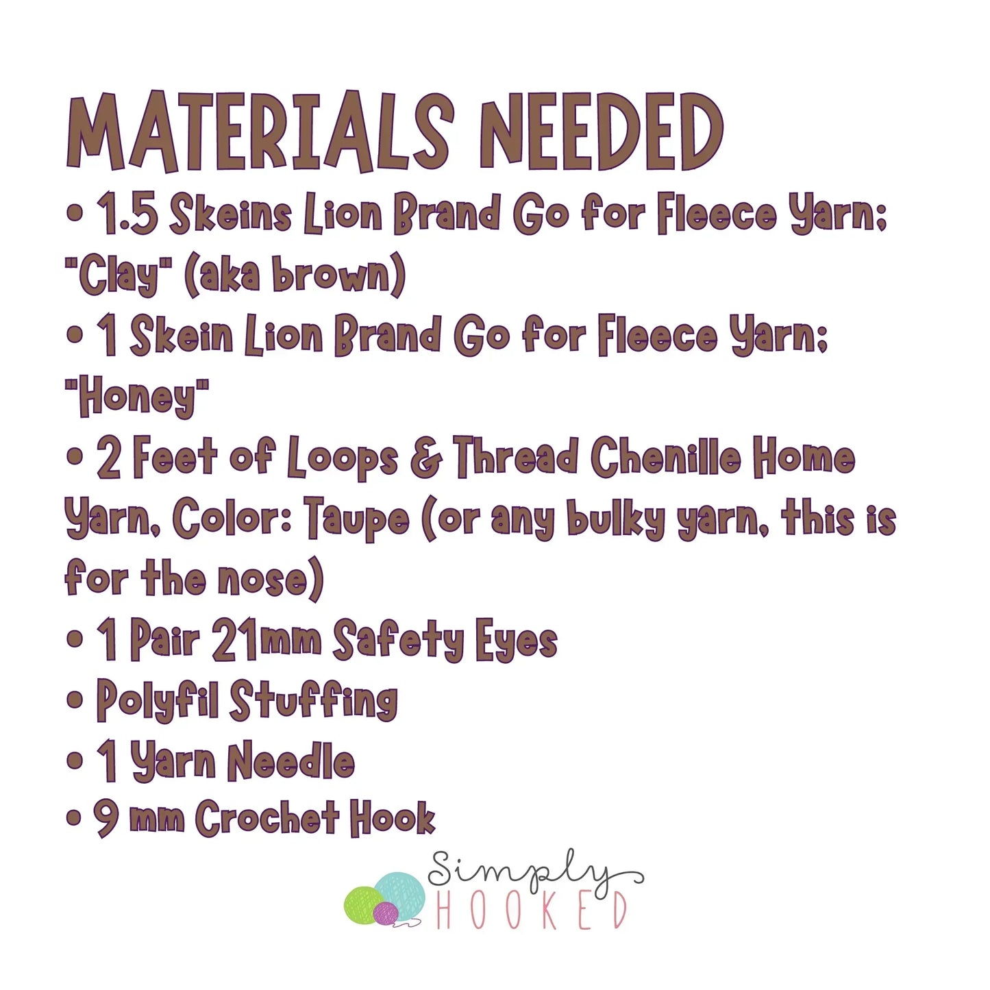 Crochet bear snuggler materials list with yarn, safety eyes, stuffing, and crochet hook details.