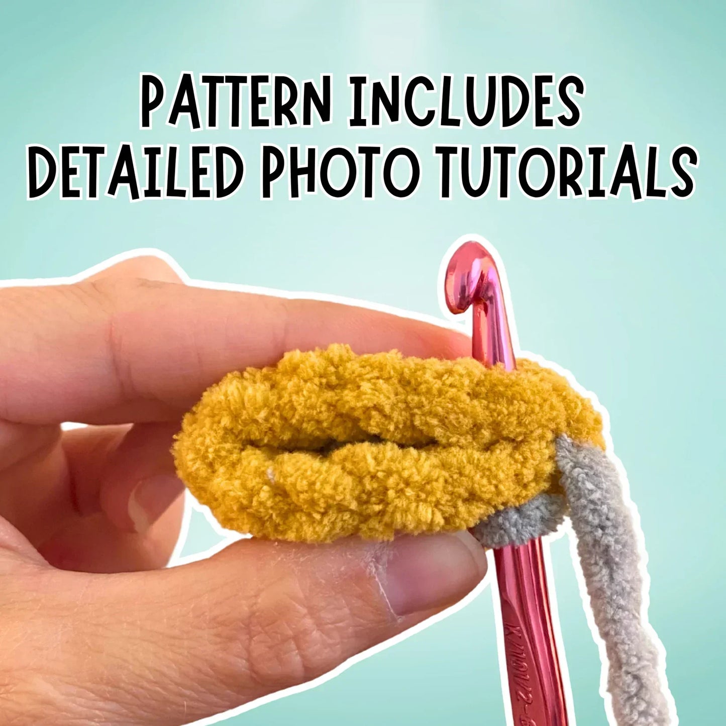 Hand holding crochet project with chunky yarn and hook, photo tutorial text above