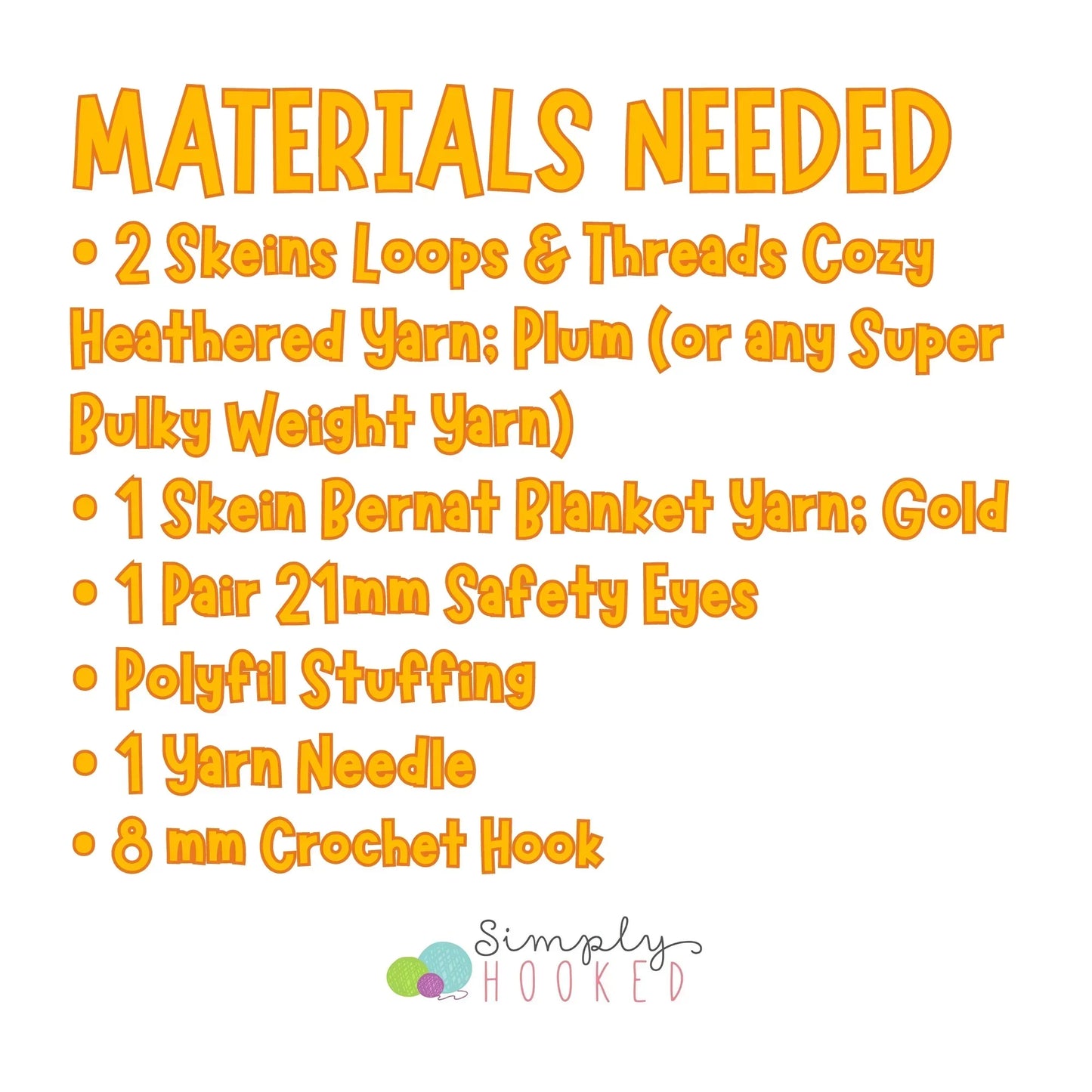 Crochet chubby penguin materials list with yarn, safety eyes, stuffing, needle, and hook