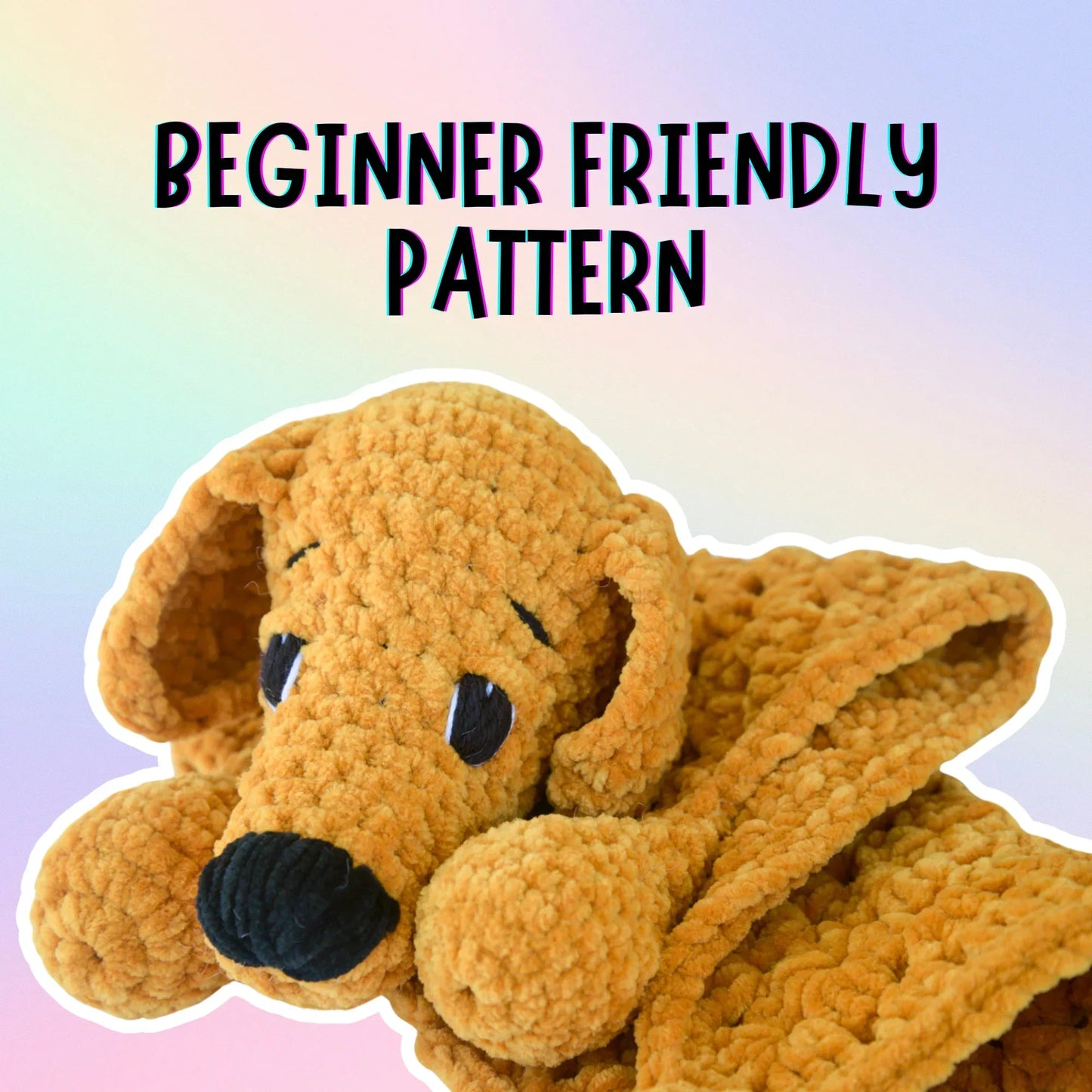 Beginner crochet dog lovey blanket pattern with plush yarn on pastel background
