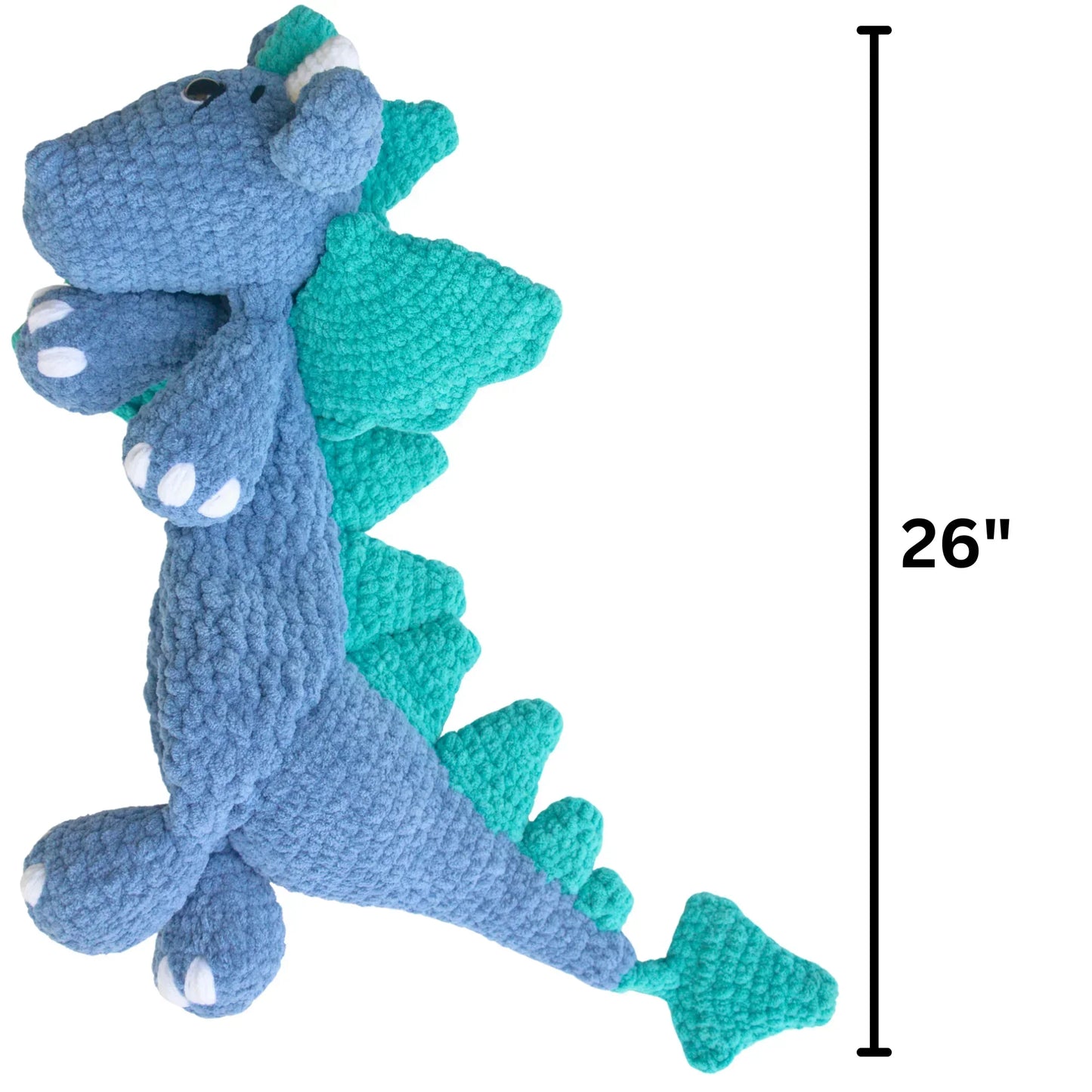 Large blue and teal crochet dragon plushie measuring 26 inches, handmade amigurumi toy