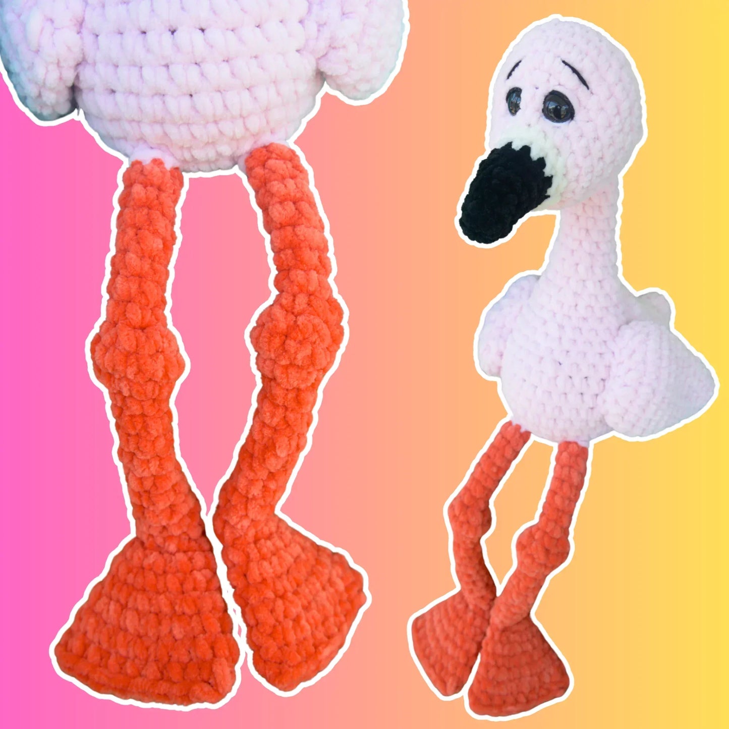 Crochet flamingo plushie with pink body and long orange legs on a pastel gradient background