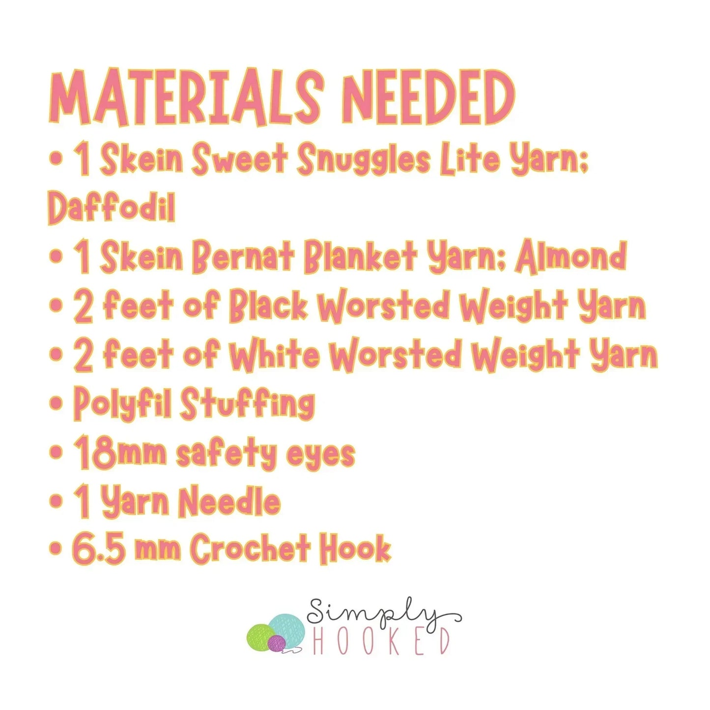 Crochet giraffe snuggler materials list with yarn, stuffing, safety eyes, yarn needle, crochet hook.