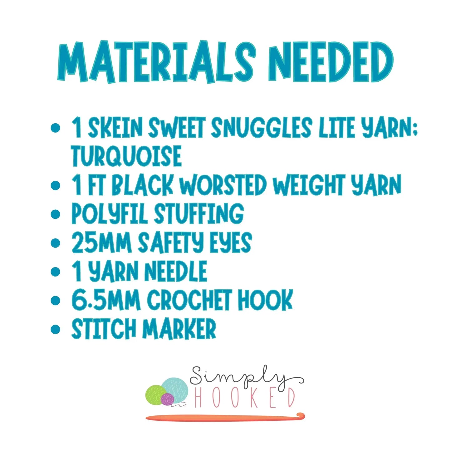 Crochet jellyfish materials list with yarn, polyfil, safety eyes, hook, and needle.