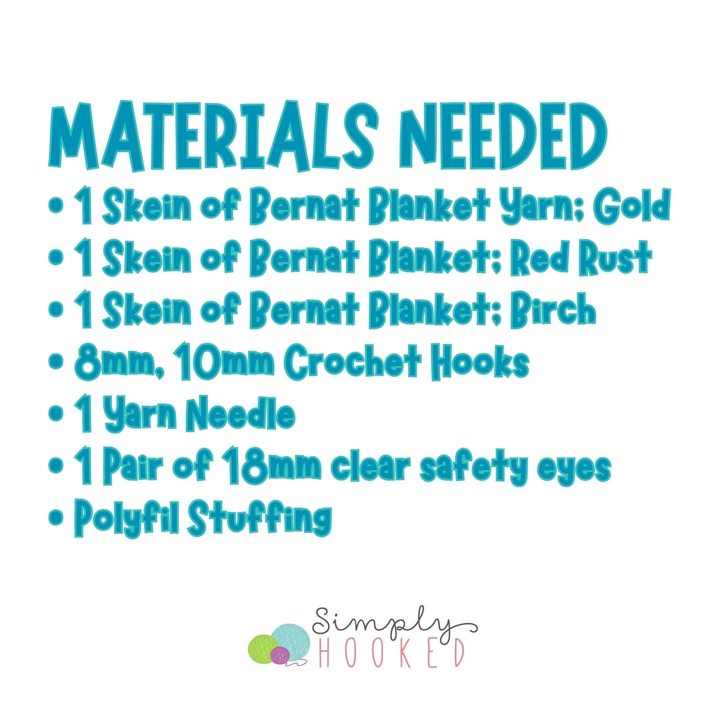 Materials list for crochet lion amigurumi: yarn, crochet hooks, safety eyes, needle, stuffing.