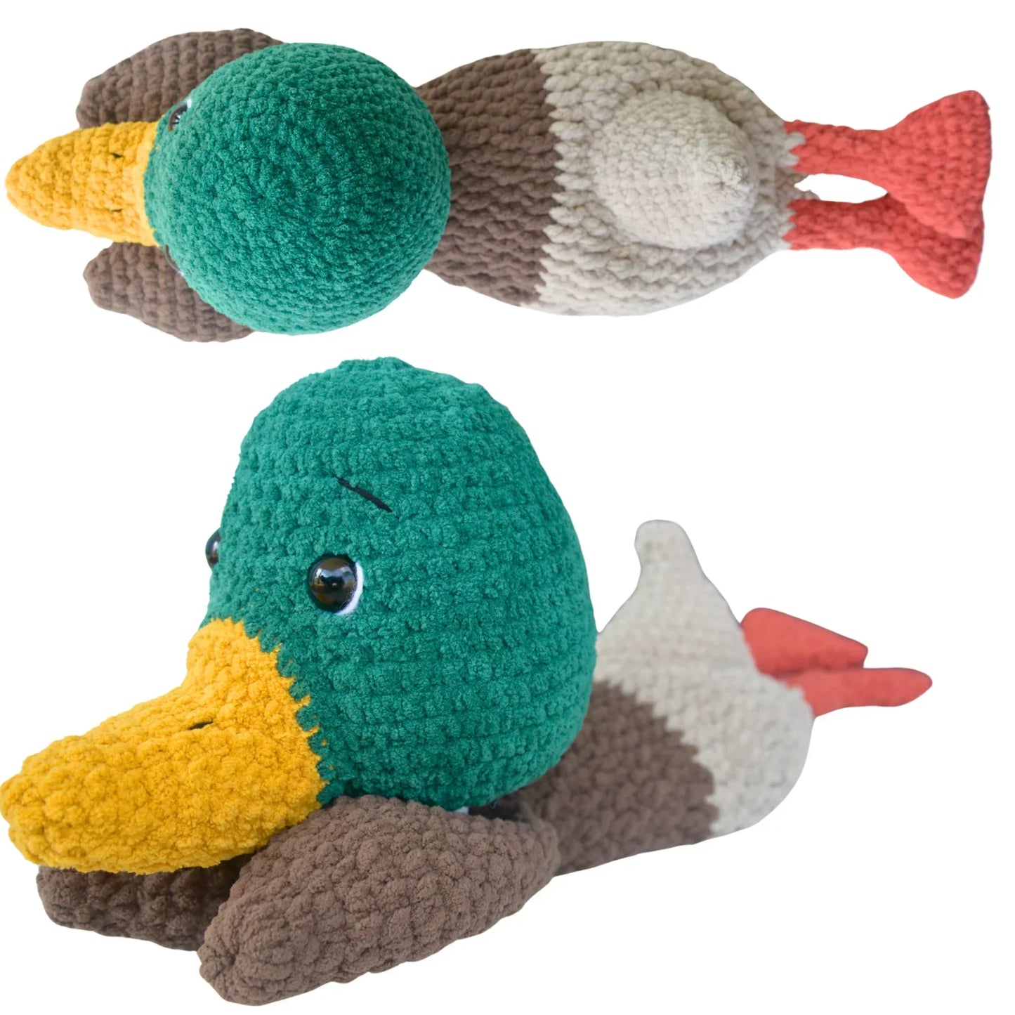 crochet mallard duck plush toy with green head, yellow beak, and orange feet
