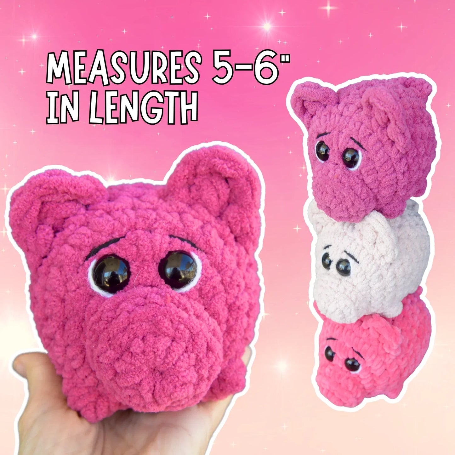 Hand holding a pink crochet pig plushie, with three amigurumi pig stuffed animals stacked on a pink background, labeled measures 5-6 inches in length.