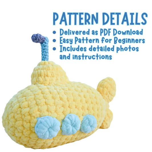 Plush yellow crochet submarine toy with blue accents and beginner amigurumi pattern details text.