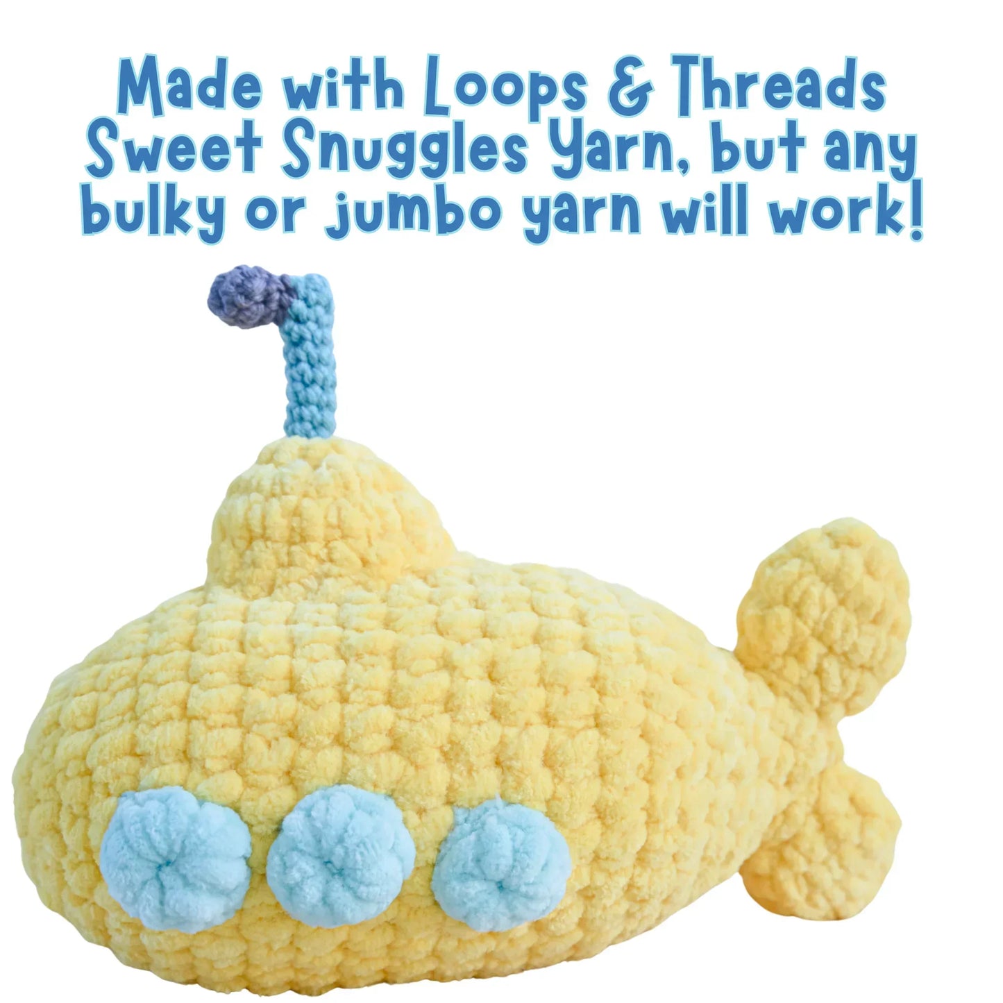 Yellow crochet submarine plush toy with blue periscope and round blue windows