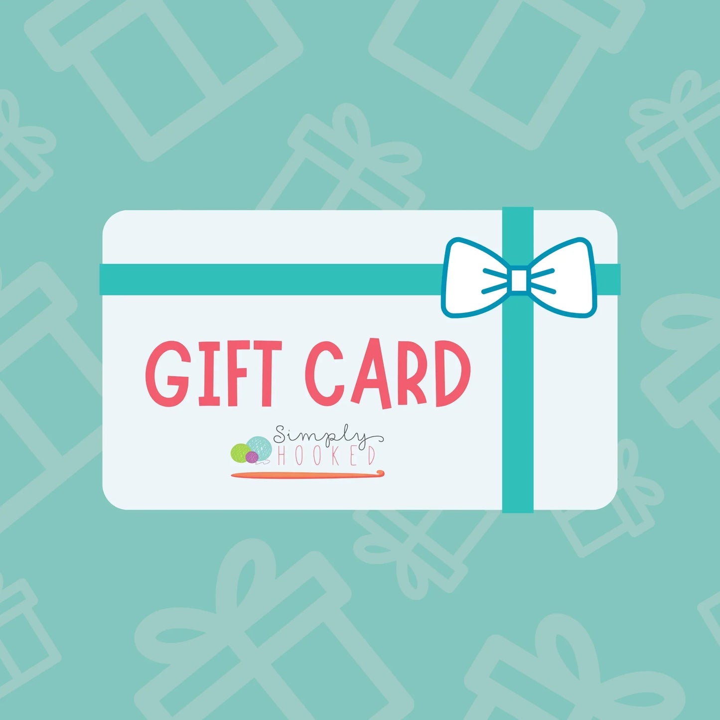 Crochet gift card with teal ribbon and bow on a turquoise background with gift box icons.