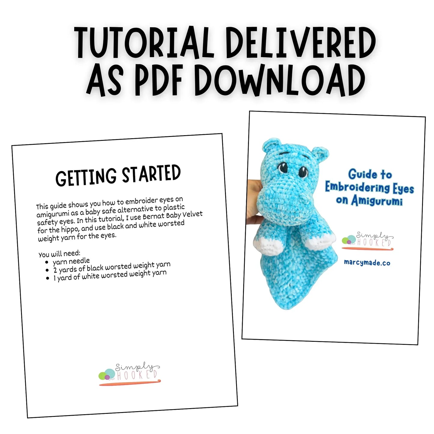 Embroidering eyes on crochet amigurumi hippo tutorial PDF with supply list and plushie image