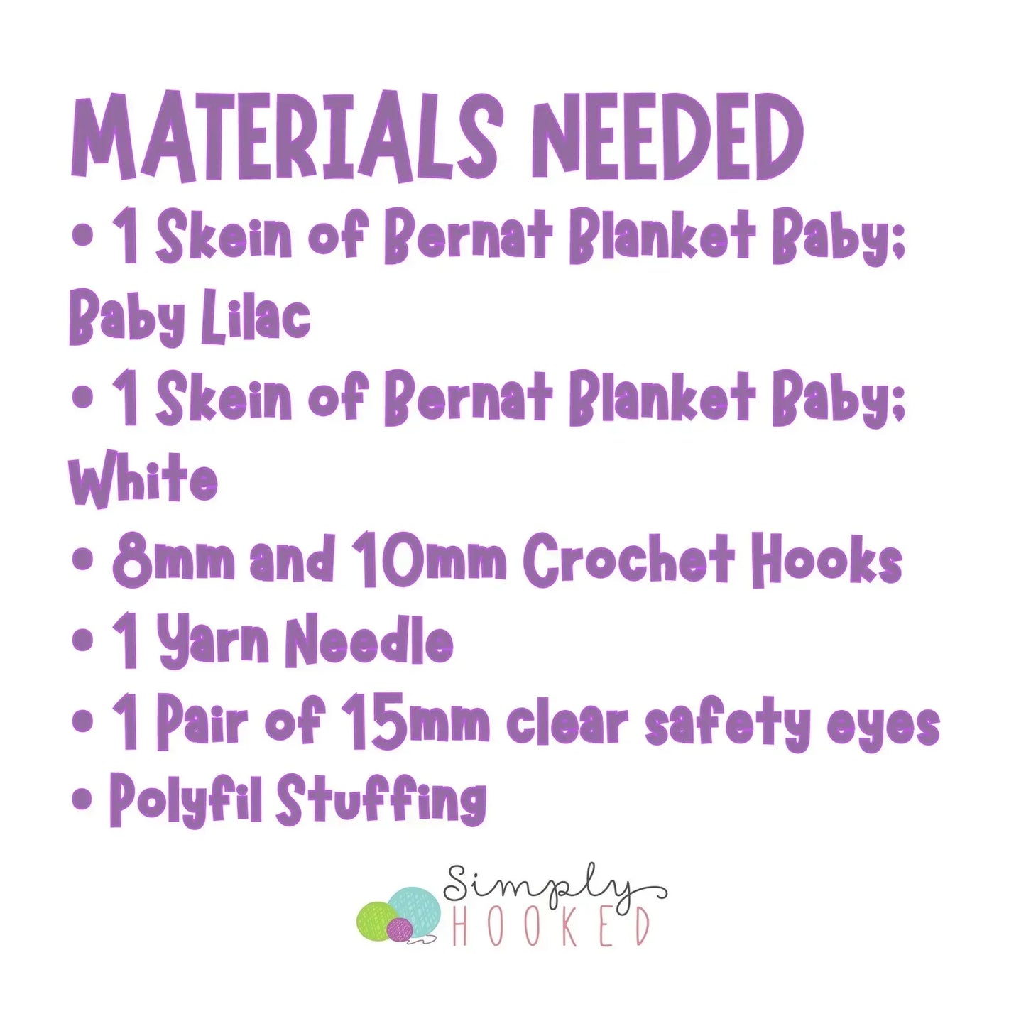 Materials needed for crochet plushie: lilac and white yarn, crochet hooks, yarn needle, safety eyes, polyfil stuffing.