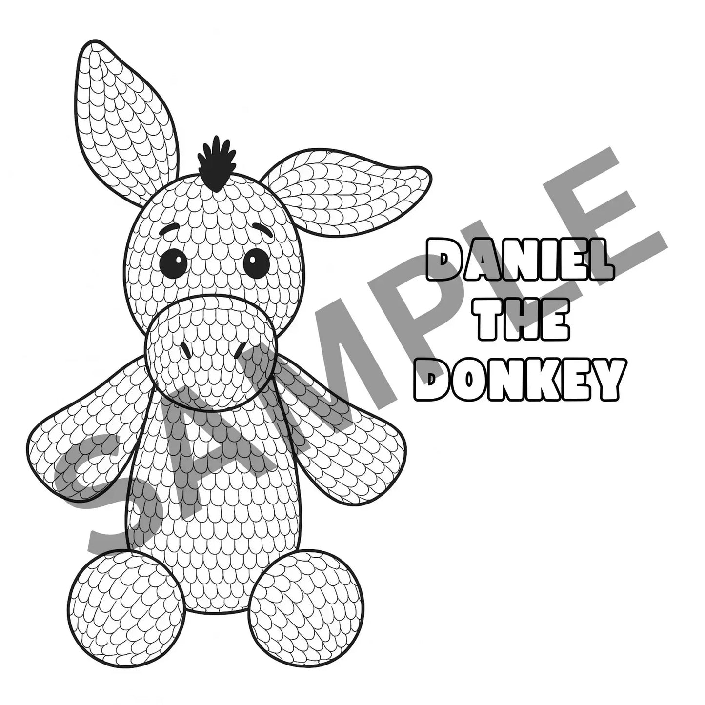 Crochet donkey coloring page, beginner-friendly amigurumi animal pattern, Daniel the Donkey.