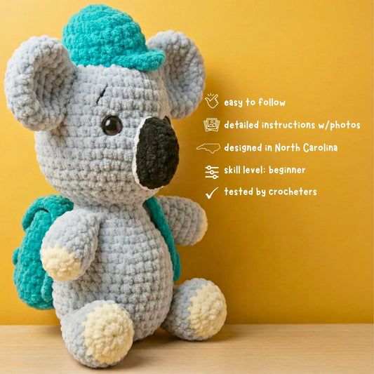 Crochet koala plushie with teal hat and backpack, beginner amigurumi pattern on yellow background.