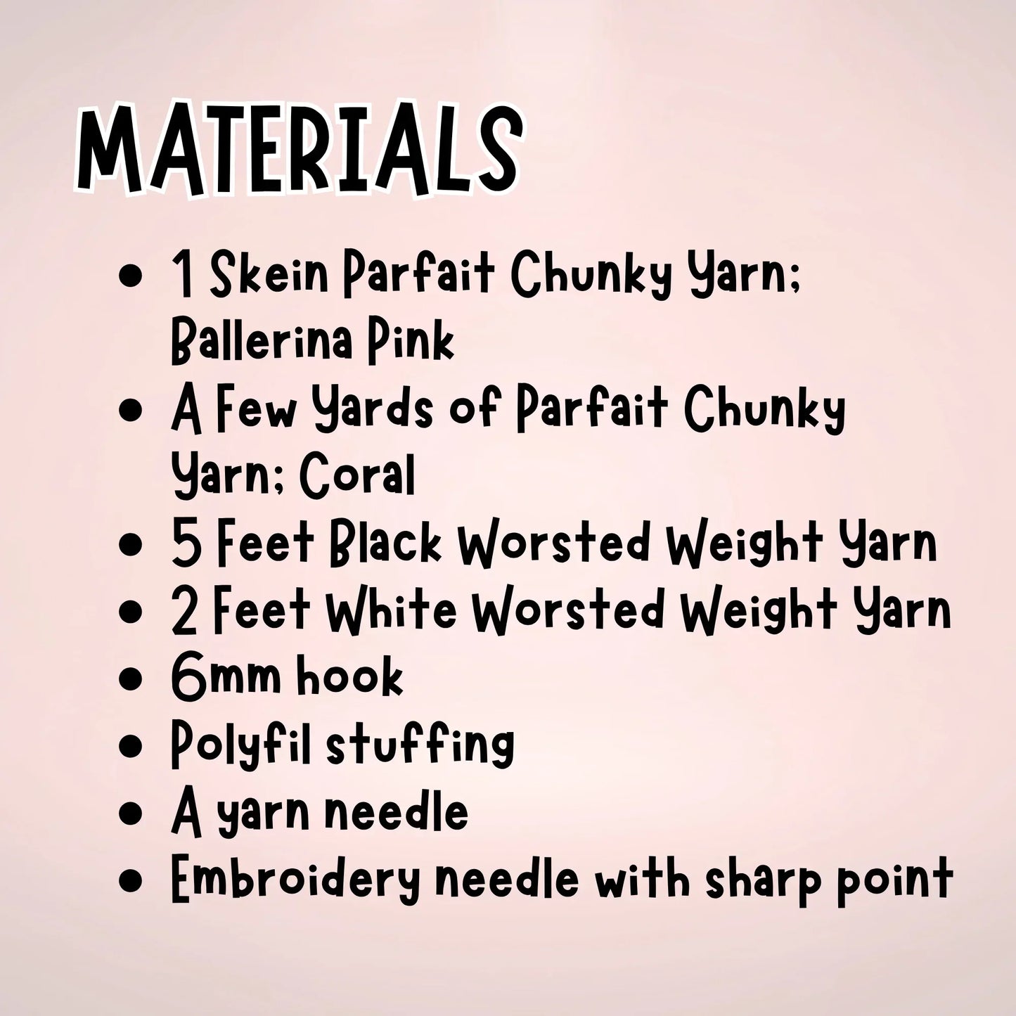 Materials list for crochet pig lovey with yarn, hook, stuffing, and needles on a pink background.