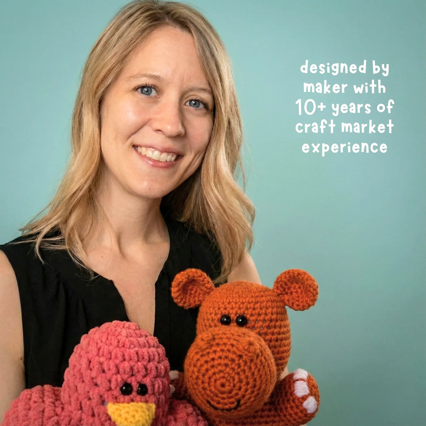 Smiling woman holding crochet stuffed animal patterns, text highlights craft experience